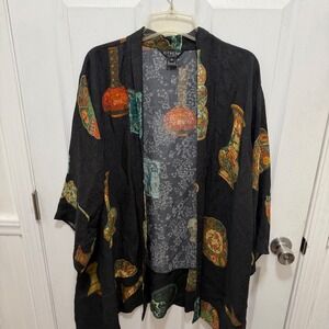 Citron Santa Monica Silk Blend Boho Kimono Cardigan Black Porcelain Vase Print M